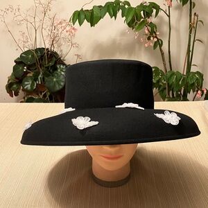 Elegant Black Wool Hat with White Beaded Floral Accents